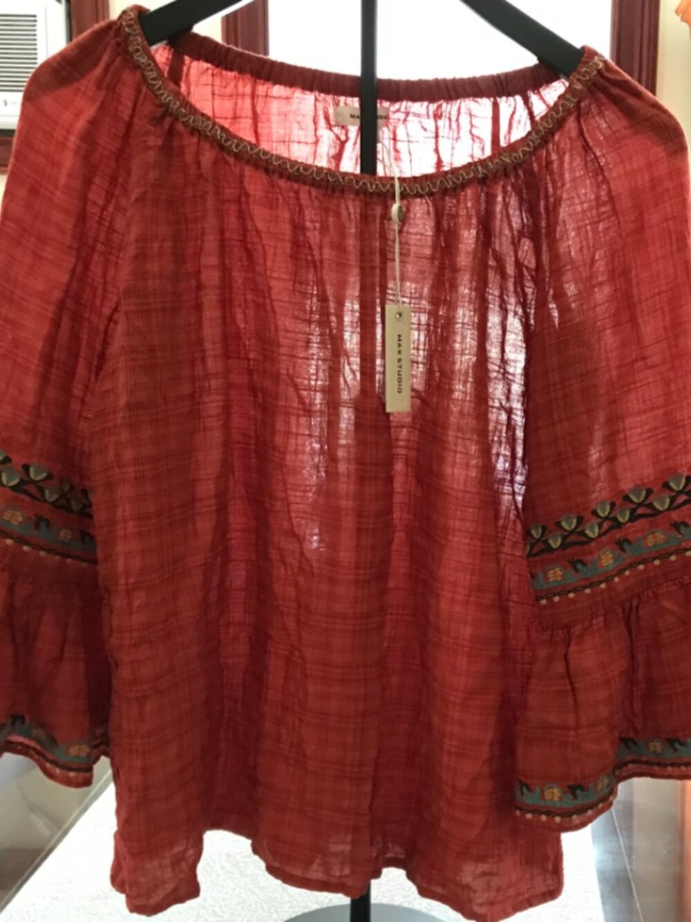 Max Studio Boho Peasant Blouse Rust Terracotta Embroidered Bell Sleeve NWT Fall